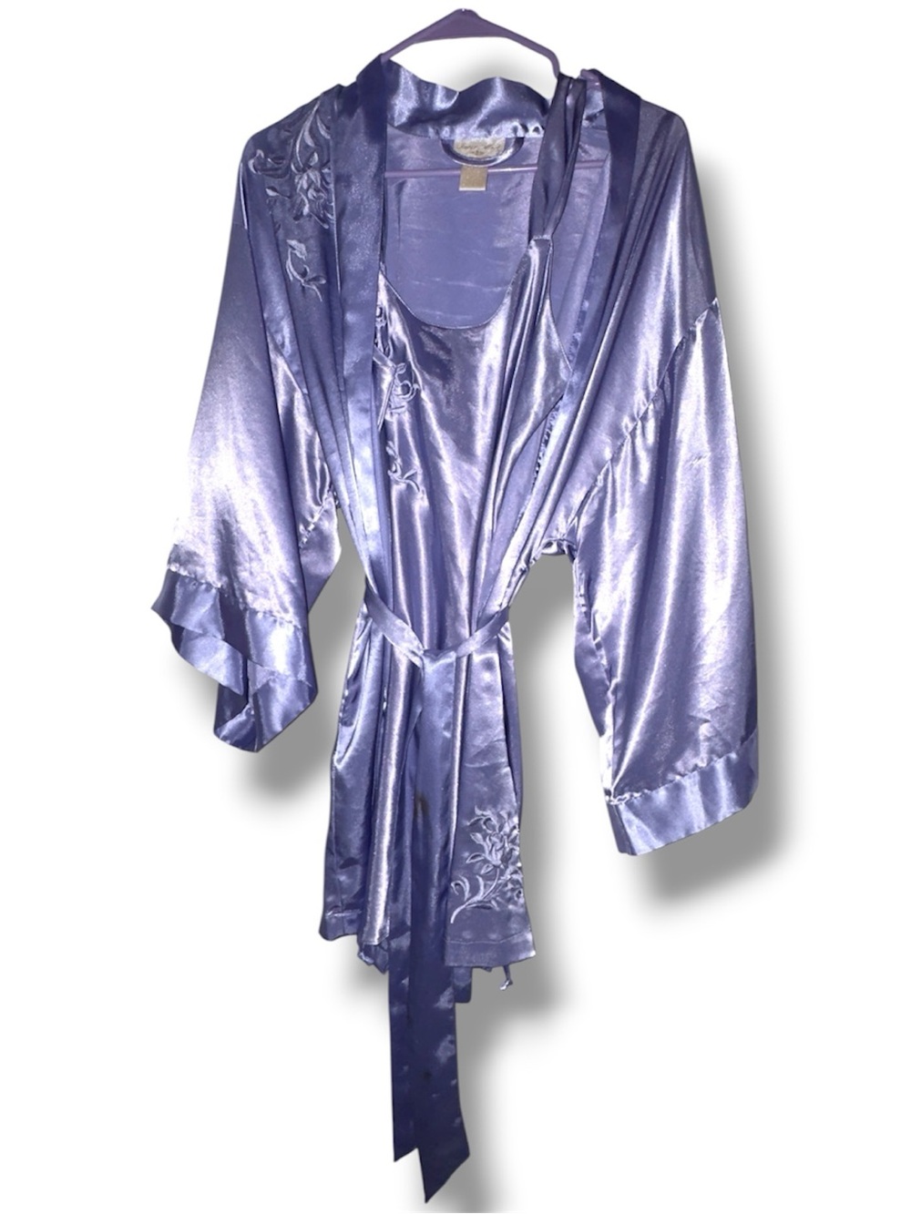 Vintage Inner Most Lavender Satin Robe & Slip Lingerie Set Size S Floral Embroid